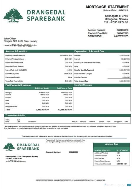 Download Norway Drangedal Sparebank mortgage statement Word and PDF template Photoshop template